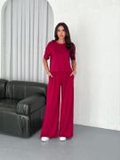 Osy Modal Yumuşak Dokulu Kumaş Bisiklet Yaka T-shirt Bol Paça Pantalon Ikili Takım -Bordo resmi